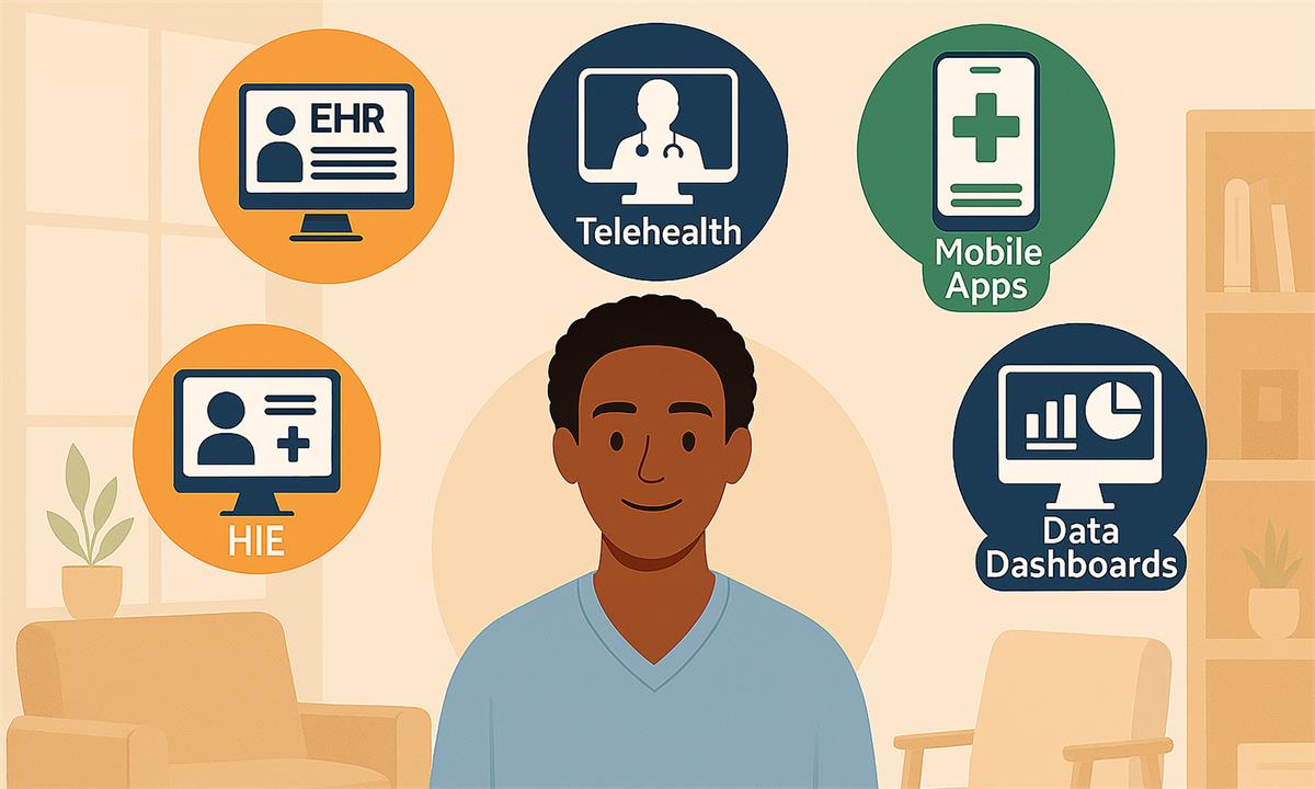 A central figure representing a behavioral health provider is surrounded by five circular icons representing healthcare technologies: EHR (Electronic Health Records), Telehealth, Mobile Apps, HIE (Health Information Exchange), and Data Dashboards. The background features an indoor setting with chairs, plants, and shelves.